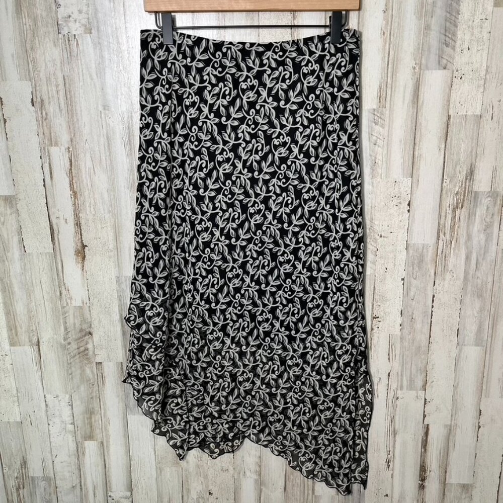 Vintage 90s Floral Black Cream Asymmetrical Midi Skirt Womens Size 8/Medium